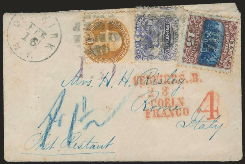 15c Brown & Blue, Ty. II (119).> Deep rich colors, few lightly toned perfs, used with <1c Buff, 3c Ultramarine (112, 114),> tied by segmented circular cork cancels, Dunkirk N.Y. Feb. 16 (1870) circular datestamp
on small cover addressed in blue <to