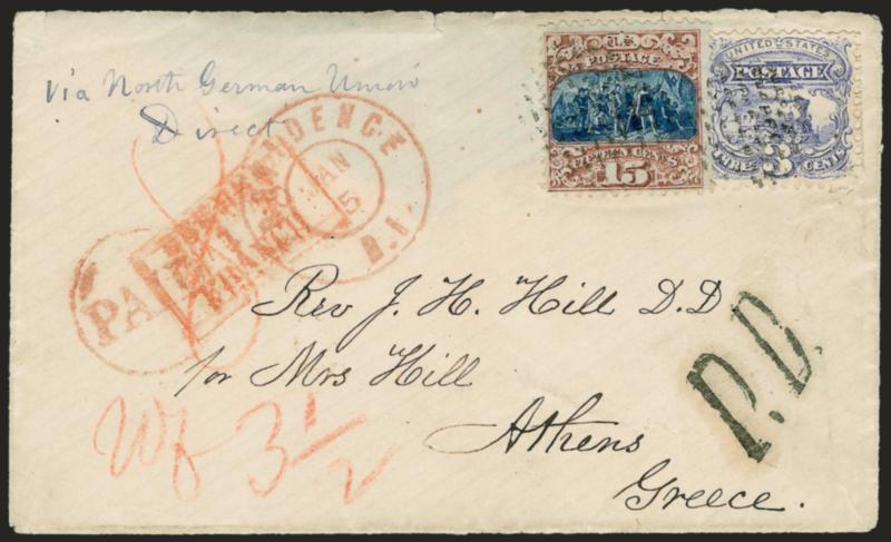 3c Ultramarine, 15c Brown & Blue, Ty. II (119).> Rich colors, tied by dotted grid cancel, red Providence R.I. Jan. 5 (1870) double-circle datestamp with matching Paid in circle on small cover <to Athens,
Greece,> routing instructions <<via North