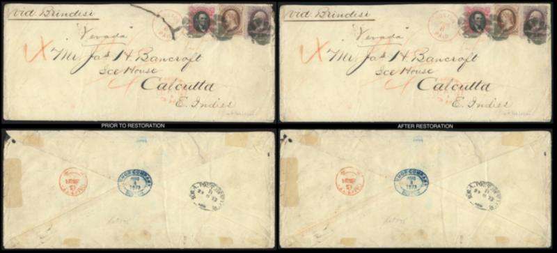 THE “ICE HOUSE” COVER><><><United States 1869 Pictorial Issue><><><90c Carmine & Black (122).> 90c 1869 tied by segmented cork cancel, used with 1870 12c Dull Violet (151), tied by same cork cancel, a missing
10c 1870 has been replaced by a stamp