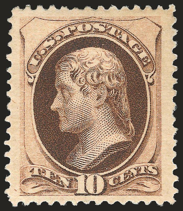 10c Brown, Without Secret Mark (187).> Original gum, Jumbo margins, deep rich color and clear impression<><>^EXTREMELY FINE. REMARKABLY BEAUTIFUL EXAMPLE OF THE 1879 10-CENT BROWN BANK NOTE WITHOUT SECRET
MARK.^<><>With 2009 P.S.E. certificate (O