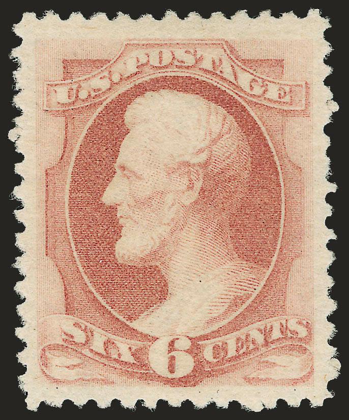 6c Dull Rose, Special Printing (195).> Without gum as issued, fresh and bright color, unusually choice centering with wide and balanced margins<><>^EXTREMELY FINE EXAMPLE OF THE 6-CENT 1880 AMERICAN BANK NOTE
COMPANY SPECIAL PRINTING. FEWER THAN 30