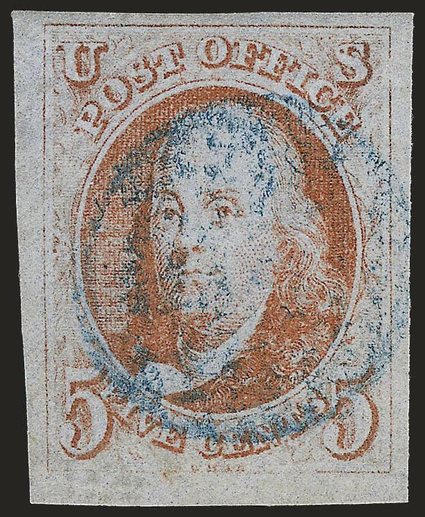 5c Red Orange (1c).> Large to huge margins all around, radiant color in the true Red Orange shade which is nicely complemented by <blue> grid cancel<><>^EXTREMELY FINE GEM. A SUPERB USED EXAMPLE OF THE 5-CENT
1847 ISSUE IN THE DISTINCTIVE AND DESIR