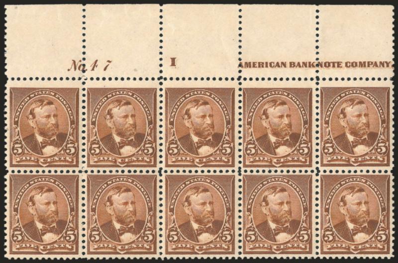 5c Chocolate (223).> Mint N.H. top imprint, plate no. 47 and letter I block of ten, rich color and proof-like impression<><>^EXTREMELY FINE AND VERY RARE MINT NEVER-HINGED PLATE BLOCK OF THE 5-CENT 1890
ISSUE.^<><>With 2009 P.S.E. certificate.