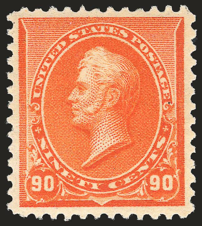 90c Orange (229).> Mint N.H., vibrant color as fresh as the day it was printed, wide and balanced margins<><>^EXTREMELY FINE. A BEAUTIFUL MINT NEVER-HINGED EXAMPLE OF THE 90-CENT 1890 ISSUE. SCARCE IN SUCH
PRISTINE CONDITION.^<><>With 2008 P.S.E.