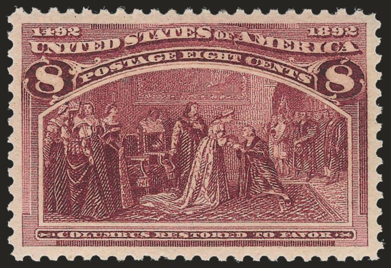 8c Columbian (236).> Mint N.H., rich color, proof-like impression, perfectly centered with wide margins, long and full perforations<><>^EXTREMELY FINE GEM. THIS STUNNING MINT NEVER-HINGED EXAMPLE OF THE 8-CENT
COLUMBIAN ISSUE HAS ACHIEVED THE GRADE