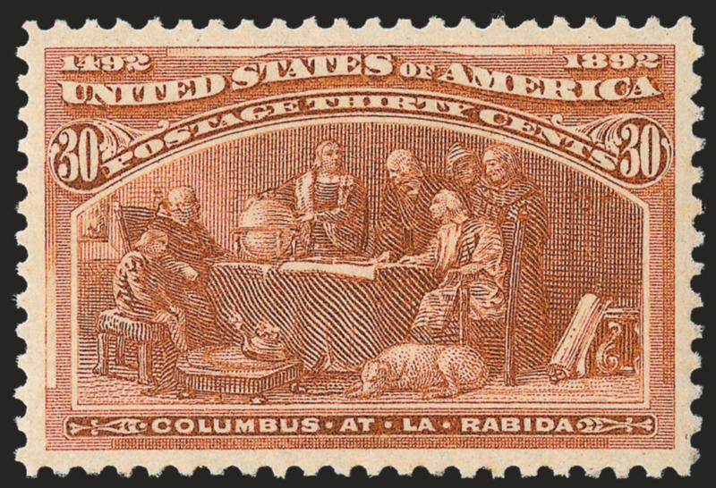 30c Columbian (239).> Mint N.H., rich color, beautiful impression showing every detailed line of this marvelous engraving, mathematically perfect centering with wide margins on all four sides<><>^EXTREMELY FINE
GEM. THIS MAGNIFICENT MINT NEVER-HING