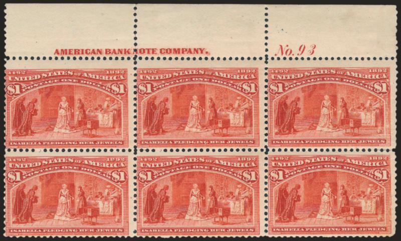 $1.00 Columbian (241).> Top imprint and plate no. 93 block of six, original gum, few stamps Mint N.H. or barely hinged, deep rich color, right stamp few flaws incl. vertical crease<><>^FINE APPEARANCE. A RARE
IMPRINT AND PLATE NUMBER BLOCK OF SIX O