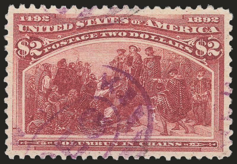 $2.00 Columbian (242).> Brilliant color and crisp impression, unusually wide and balanced margins, neat strike of <purple> New York registry oval cancel<><>^EXTREMELY FINE GEM. A STUNNING USED EXAMPLE OF THE
$2.00 COLUMBIAN ISSUE.^<><>With 2009 P