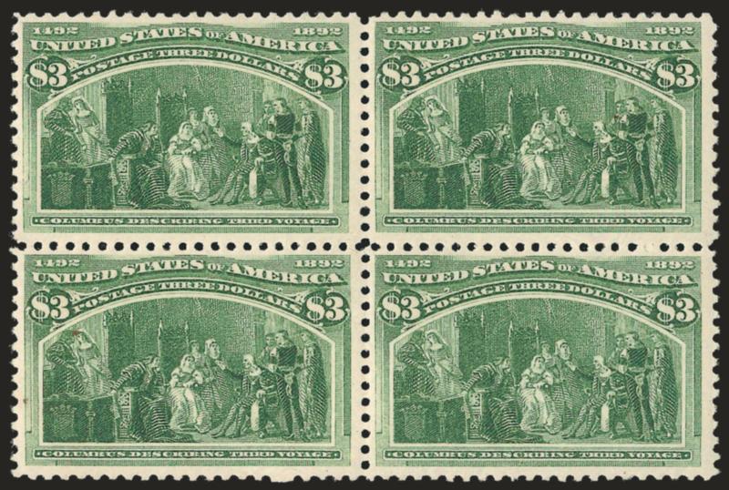 $3.00 Columbian (243).> Block of four, original gum, very lightly hinged, radiant color on crisp paper, bottom left stamp small natural inclusion<><>^FINE-VERY FINE. A REMARKABLY FRESH LIGHTLY-HINGED BLOCK OF
FOUR OF THE $3.00 COLUMBIAN ISSUE.^<><