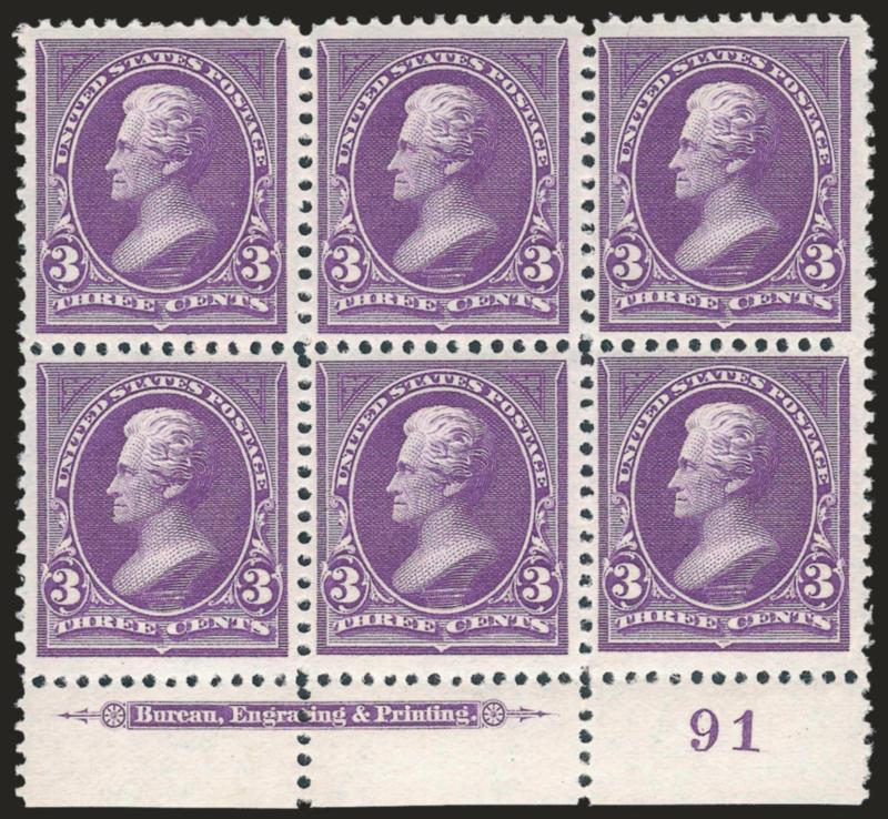 3c Purple (253).> Mint N.H. bottom imprint and plate no. 91 block of six, remarkably well-centered for this difficult plate block, wonderfully fresh and intact<><>^VERY FINE AND CHOICE. A DESIRABLE EXAMPLE OF
THE 3-CENT 1894 BUREAU ISSUE PLATE BLOC