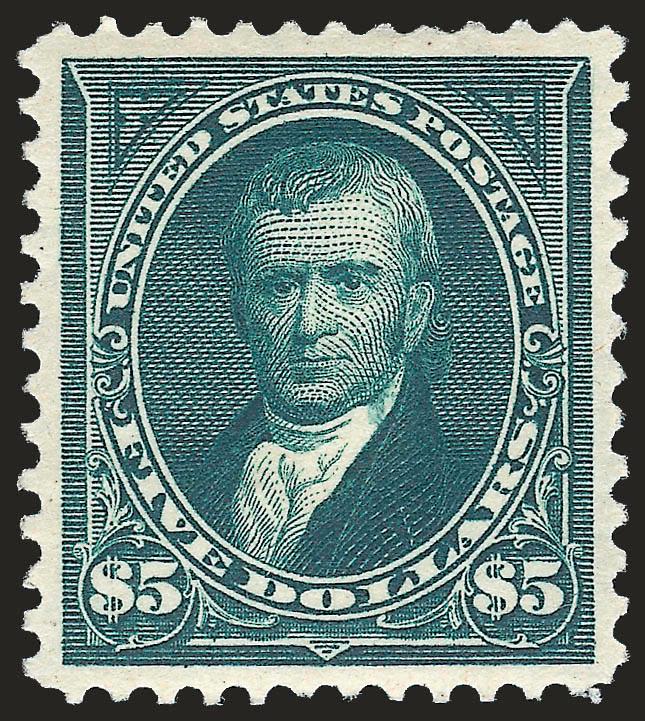 $5.00 Dark Green (263).> Original gum, lightly hinged, deep rich color and proof-like impression on post-office fresh paper, perfectly centered with wide margins<><>^EXTREMELY FINE FINE GEM. THIS STUNNING
ORIGINAL-GUM EXAMPLE OF THE 1894 $5.00 UNWA