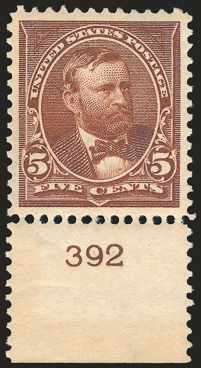 5c Chocolate (270).> Mint N.H. with <plate no. 392 at bottom,> pretty shade as fresh as the day it was printed, perfectly centered with wide and balanced margins<><>^EXTREMELY FINE GEM. THIS STUNNING STAMP HAS
BEEN AWARDED THE GRADE OF SUPERB 98 BY