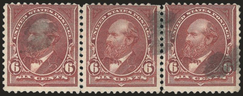 6c Dull Brown, USIR Watermark (271a).> Horizontal strip of three, I of watermark straddles the right pair, stamps rejoined along perfs, center stamp with small thin<><>^FINE. THIS IS THE ONLY RECORDED USED
MULTIPLE CONTAINING THE 6-CENT 1895 USI
