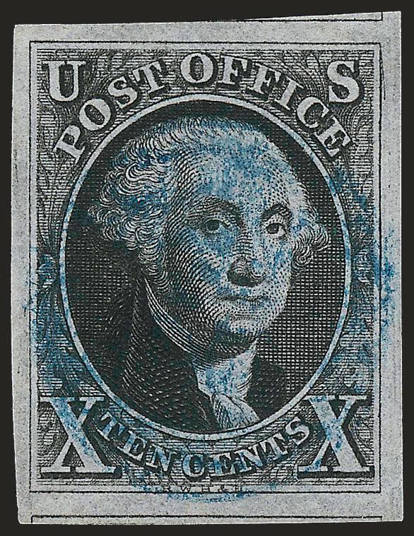 10c Black (2).> Position 79L1, huge margins all around incl. part of adjoining stamps at top and bottom, intense shade and impression nicely complemented by <blue> grid cancel<><>^EXTREMELY FINE GEM. A PHENOMENAL
USED EXAMPLE OF THE 10-CENT 1847 IS