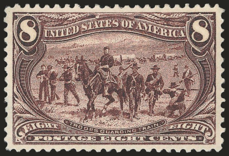 8c Trans-Mississippi (289).> Original gum, rich color and detailed impression, mathematically perfect centering with wide margins<><>^EXTREMELY FINE GEM. THIS STUNNING ORIGINAL-GUM EXAMPLE OF THE 8-CENT
TRANS-MISSISSIPPI ISSUE HAS BEEN GRADED GEM 1