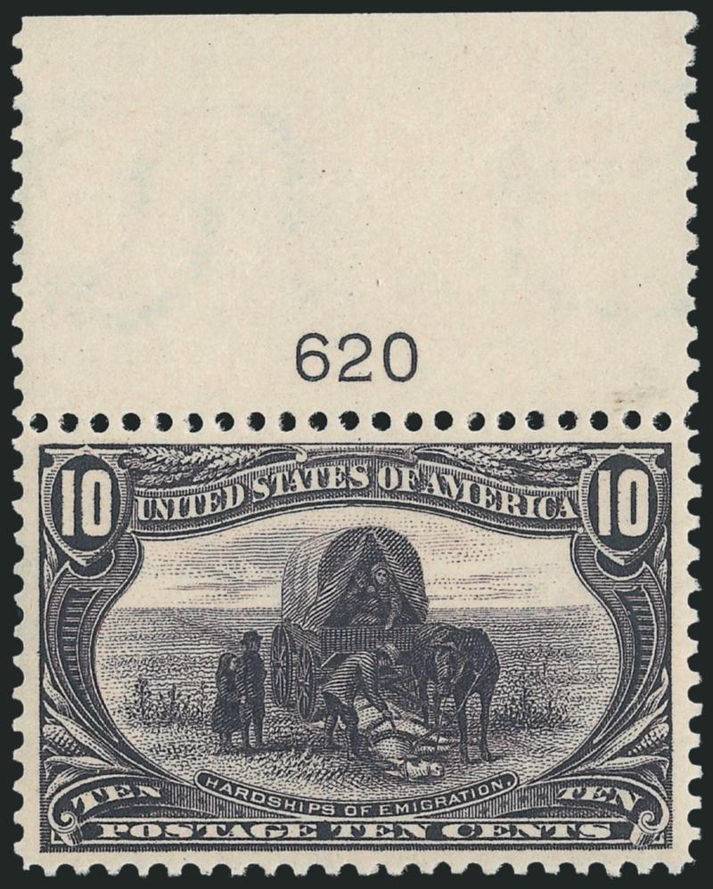 10c Trans-Mississippi (290).> Mint N.H. with wide top plate no. 620 selvage, magnificent balanced margins, intense color, fresh and crisp<><>^EXTREMELY FINE GEM. AN IDEAL 10-CENT TO ADD TO A HIGH-QUALITY
TRANS-MISSISSIPPI ISSUE MINT NEVER-HINGED SE