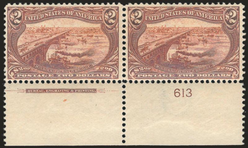 $2.00 Trans-Mississippi (293).> Horizontal pair with <wide bottom imprint and plate no. 613 selvage,> original gum, faintly hinged, excellent color and impression, left stamp has a few black fibers on gum from
mount and tiny trivial thin speck<><>^