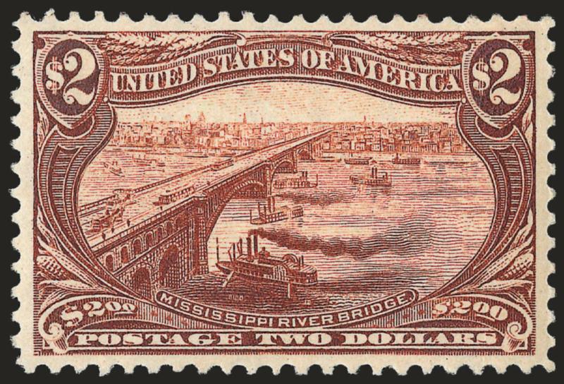 $2.00 Trans-Mississippi (293).> Original gum, barest trace of hinging, intense shade and proof-like impression on post-office fresh paper, perfectly centered with unusually wide margins for this difficult issue,
long and full perforations all around<