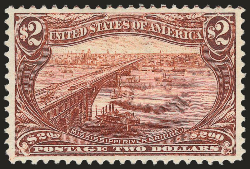 $2.00 Trans-Mississippi (293).> Original gum, lightly hinged, rich color, proof-like impression, wide and balanced margins, long and full perforations all around<><>^EXTREMELY FINE GEM. A GORGEOUS ORIGINAL-GUM
EXAMPLE OF THE $2.00 TRANS-MISSISSIPPI
