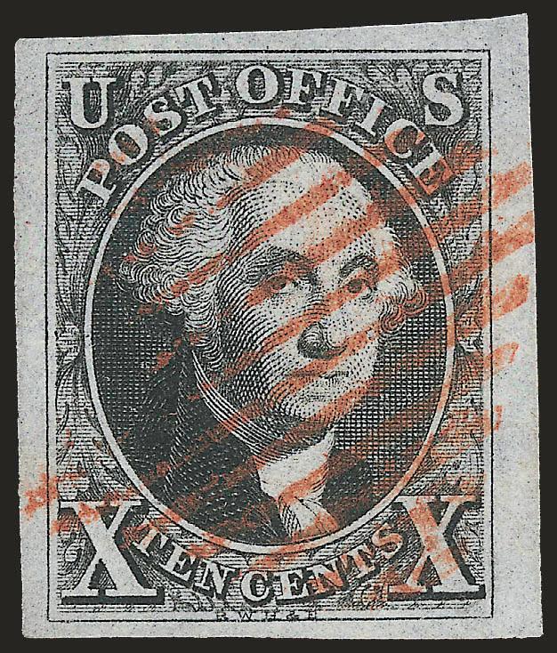 10c Black (2).> Large to huge margins with detailed impression, neat red New York square grid cancel<><>^EXTREMELY FINE GEM. MARVELOUS USED EXAMPLE OF THE 10-CENT BLACK 1847 ISSUE.^<><>With 1978 P.F. and 2008
P.S.E. certificates (XF-Superb 95 SM
