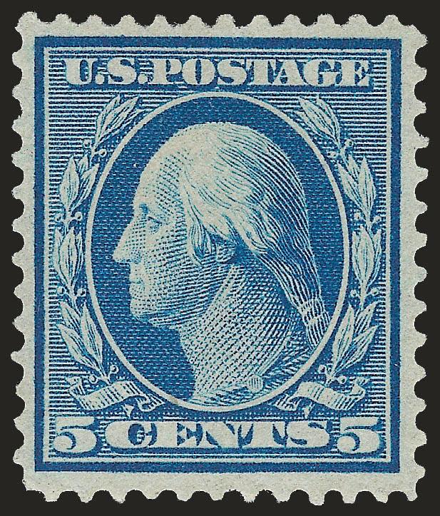 5c Blue, Bluish (361).> Mint N.H., deep rich color and proof-like impression on deeply blued paper, wide margins<><>^VERY FINE AND CHOICE. A RARE MINT NEVER-HINGED EXAMPLE OF THE 5-CENT ON BLUISH PAPER.^<><>We
have sold only seven others in Mint