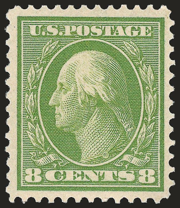 8c Olive Green, Bluish (363).> Choice centering with wide margins, intense color on deeply blued paper<><>^EXTREMELY FINE ORIGINAL-GUM EXAMPLE OF THE RARE 8-CENT WASHINGTON ON BLUISH PAPER. A GREAT RARITY IN
SUCH WONDERFUL CONDITION.^<><>Accordin