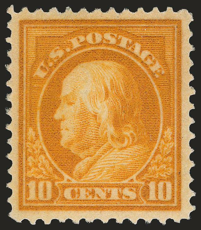 10c Brown Yellow (416a).> Barest trace of hinging, rich color on crisp paper, wide and balanced margins<><>^EXTREMELY FINE ORIGINAL-GUM EXAMPLE OF THE 1912 10-CENT FRANKLIN IN THE SCARCE BROWN YELLOW
SHADE.^<><>With 2007 P.S.E. certificate (OGph,