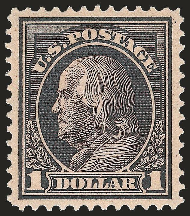 $1.00 Violet Brown (423).> Mint N.H., extraordinary centering with wide margins, deep shade and proof-like impression on post-office fresh paper<><>^EXTREMELY FINE GEM. A SUPERB EXAMPLE OF THE 1912 $1.00 PERF 12
ISSUE, WHICH IS EXTREMELY DIFFICULT