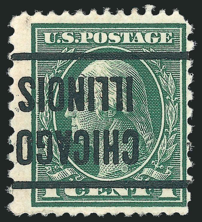 1c Green, Perf 12 x 10 (423A formerly 424a).> Neat Chicago Illinois precancel applied inverted, rich color<><>^FINE. AN ATTRACTIVE SOUND EXAMPLE OF THE ONE-CENT ISSUE WITH 12 x 10 COMPOUND PERFORATIONS.^<><>Our
up-to-date census of Scott 423A