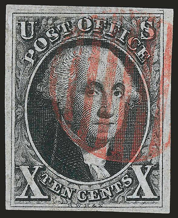 10c Black, Double Transfer Ty. B (2-B).> Position 31R, large margins to full, crisp impression, neat strike of red grid cancel<><>^VERY FINE AND CHOICE. A BEAUTIFUL AND REMARKABLY FRESH EXAMPLE OF THE 10-CENT
1847 ISSUE WITH THE DOUBLE TRANSFER TYP