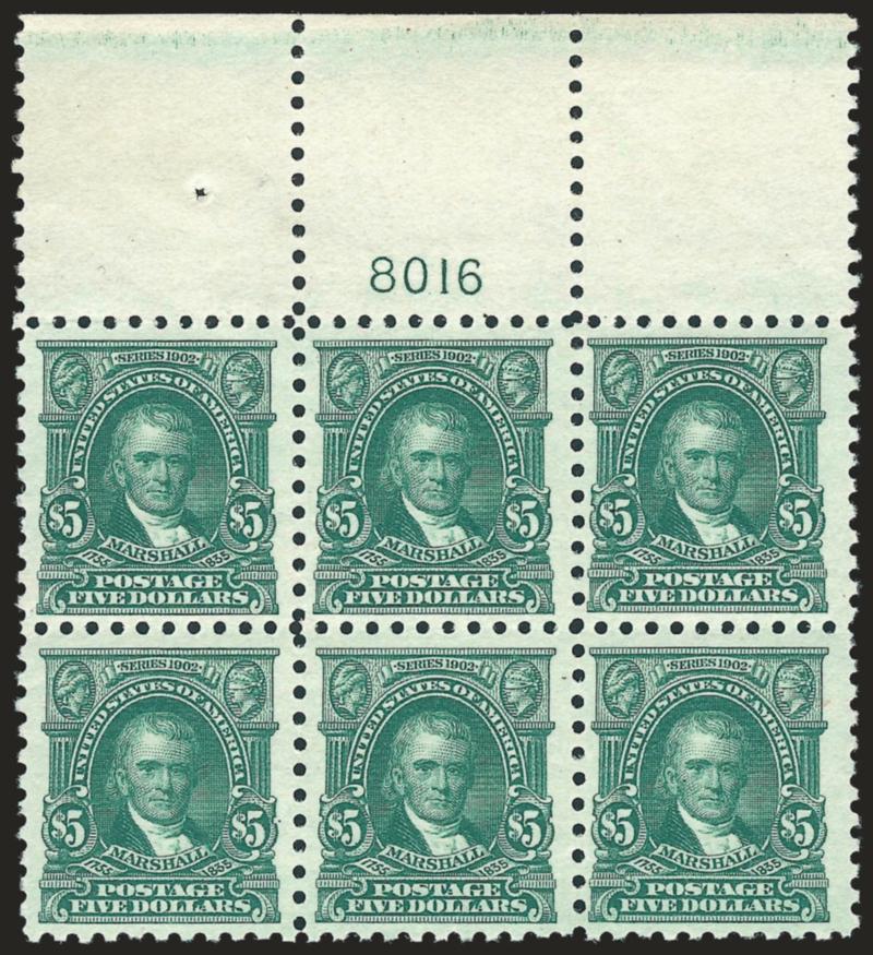 $5.00 Light Green (480).> Mint N.H. top plate no. 8016 block of six with wide selvage, radiant color on bright paper, wide margins<><>^VERY FINE. A PRISTINE MINT NEVER-HINGED WIDE TOP PLATE NUMBER BLOCK OF SIX
OF THE $5.00 MARSHALL 1917 PERF 10 ISS