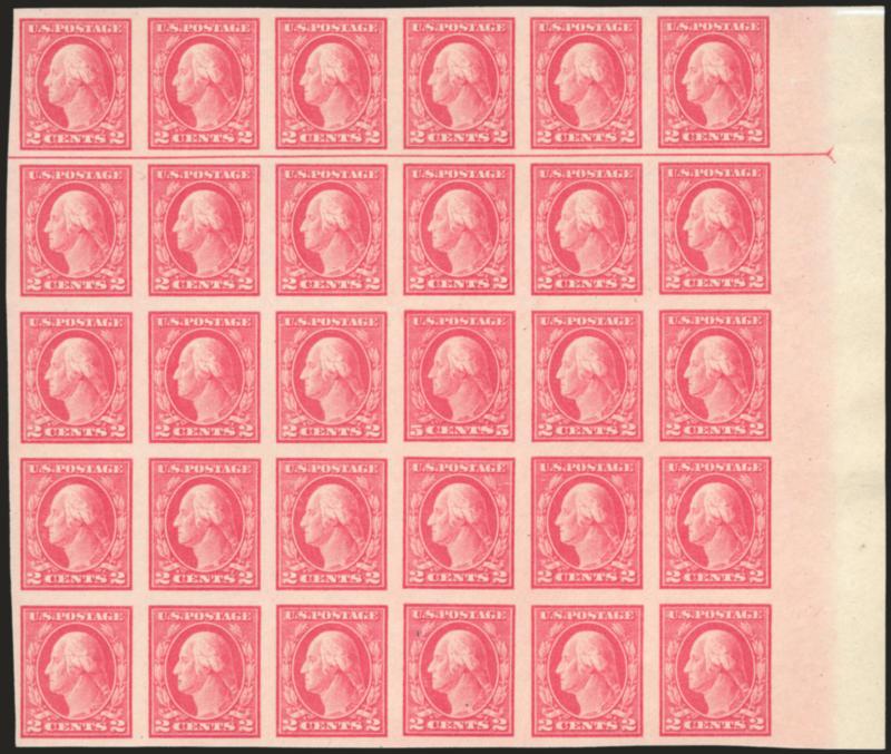 5c Carmine, Imperforate, Error (485).> Mint N.H. block of 30 containing a single of the error, sheet margin at right with arrow, large margins, brilliant color<><>^EXTREMELY FINE. A BEAUTIFUL MINT NEVER-HINGED
EXAMPLE OF THE 5-CENT IMPERFORATE ERRO