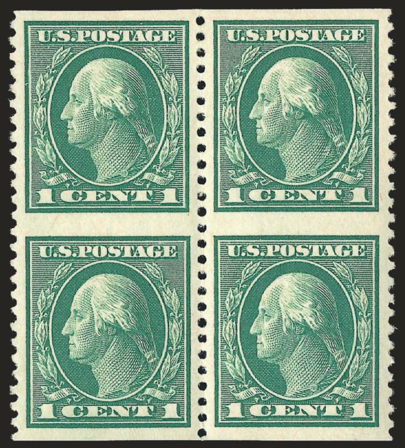 1c Green, Vertical Pair, Imperforate Horizontally (498a).> Block of four consisting of two pairs of the error, brilliant color, wide and balanced margins<><>EXTREMELY FINE GEM. A RARE BLOCK OF THE ONE-CENT PERF
11 IMPERFORATE HORIZONTALLY.^<><>Wi
