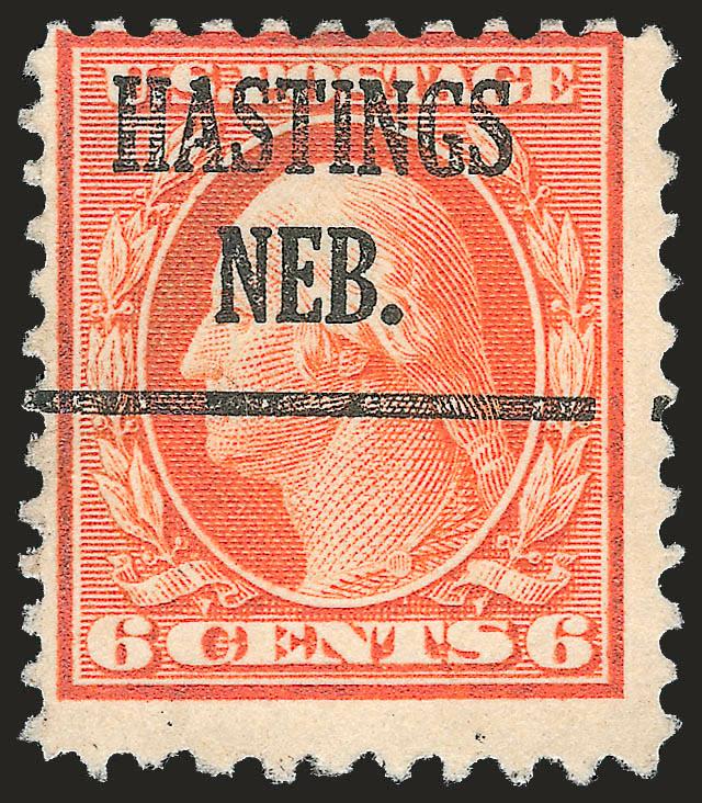 6c Red Orange, Perf 10 at Bottom (506a).> Radiant color, neat Hastings Nebr. precancel<><>^FRESH AND FINE. A RARE SOUND EXAMPLE OF THE 6-CENT 1917 ISSUE PERF 10 AT BOTTOM. ONLY FIFTEEN USED AND TWO UNUSED ARE
RECORDED IN OUR CENSUS, OF WHICH ONLY