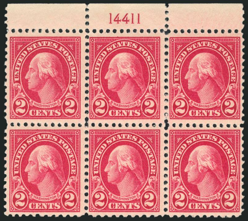 2c Carmine, Perf 10 at Bottom (554d).> Top plate no. 14411 block of six, bottom center and bottom right stamps perf 10 at bottom, bottom left stamp transitional perf 10 and 11 at bottom, top stamps normal,
positions 2-4 and 6 Mint N.H. (two are the v