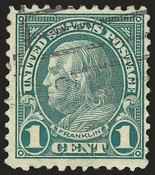 1c Green, Rotary, Perf 11 (594).> Pretty shade, neat strike of machine cancel, choice centering for this difficult issue<><>^VERY FINE AND CHOICE EXAMPLE OF SCOTT 594. ONE OF THE RAREST 20TH CENTURY STAMPS IN
SOUND AND CENTERED CONDITION.^<><>Our