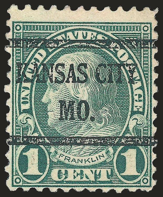 1c Green, Rotary, Perf 11 (596).> Bold Kansas City Mo. Bureau precancel, dark shade and rich color, crisp impression, completely sound<><>^VERY FINE FOR THIS ROTARY WASTE ISSUE. ONLY THIRTEEN EXAMPLES ARE
RECORDED, AND EIGHT OF THESE HAVE THE KAN