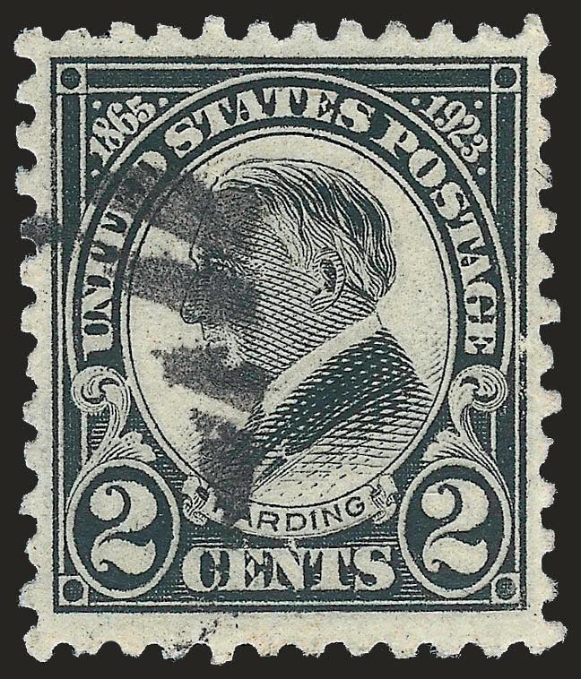 2c Harding, Rotary, Perf 11 (613).> Well-centered with unusually wide margins for this printing, sharp impression, bold cancel at left<><>^VERY FINE AND CHOICE EXAMPLE OF THE 2-CENT HARDING ROTARY PERF 11 ISSUE.
ONLY 44 SINGLES ARE RECORDED IN OUR