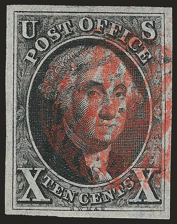 10c Black, Stick Pin in Tie (2 var).> Position 52L1, large and even margins all around, intense shade and impression, red <<and>> black grid cancels<><>^EXTREMELY FINE. A BEAUTIFUL EXAMPLE OF THE 10-CENT 1847
ISSUE WITH THE SO-CALLED STICK PIN
