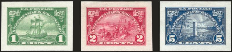 1c-5c Huguenot-Walloon, Small Die Proofs on Wove (614P2-616P2).> Brilliant color, large margins<><>^VERY FINE AND CHOICE. ONE OF ONLY TWO RECORDED SETS OF THE HUGUENOT-WALLOON TERCENTENARY SMALL DIE PROOFS ON
WOVE.^<><>The other set was owned by