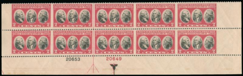 2c Yorktown, Horizontal Pair, Imperforate Vertically (703c).> Top plate nos. 20653 (vignette) and 20649 (frame) and arrow block of ten, full selvage at right and left, top right stamp and selvage at top left
lightly hinged, others Mint N.H., rich col