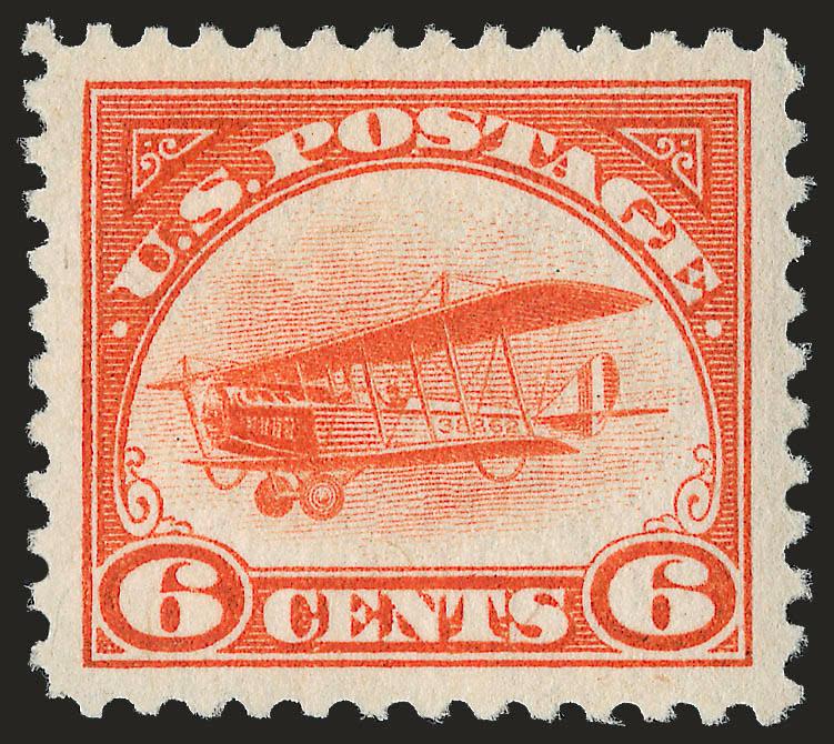 6c Orange, 1918 Air Post (C1).> Mint N.H., vibrant color as fresh as the day it was printed, mathematically perfect centering with Jumbo margins, long and full perforations<><>^EXTREMELY FINE GEM. THIS STAMP IS
ABSOLUTE PERFECTION -- THE MARGINS AR