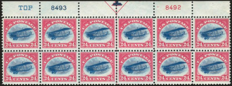 24c Carmine Rose & Blue, 1918 Air Post, Blue Top Only (C3 var).> Top arrow, double plate nos. 84928493 and <blue Top only> block of twelve, rich colors, small h.r. on pos. 9, natural pre-printing paperfold
affects pos. 6 and 12,  top left stamp