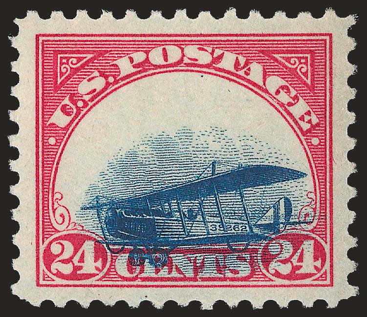 24c Carmine Rose & Blue, 1918 Air Post, Grounded Plane Variety (C3 var).> Single hinge mark, brilliant color, plane shifted significantly downwards with wheels well into Cents, perfectly centered with wide
margins<><>^EXTREMELY FINE GEM. A SUPERB