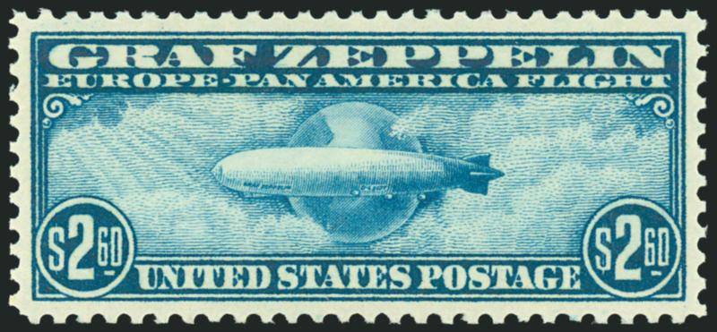 $2.60 Graf Zeppelin (C15).> Mint N.H., incredibly intense shade and impression, perfectly centered on bright paper with wide margins<><>^EXTREMELY FINE GEM. A SUPERB MINT NEVER-HINGED EXAMPLE OF THE $2.60 GRAF
ZEPPELIN ISSUE, WHICH HAS BEEN GRADED