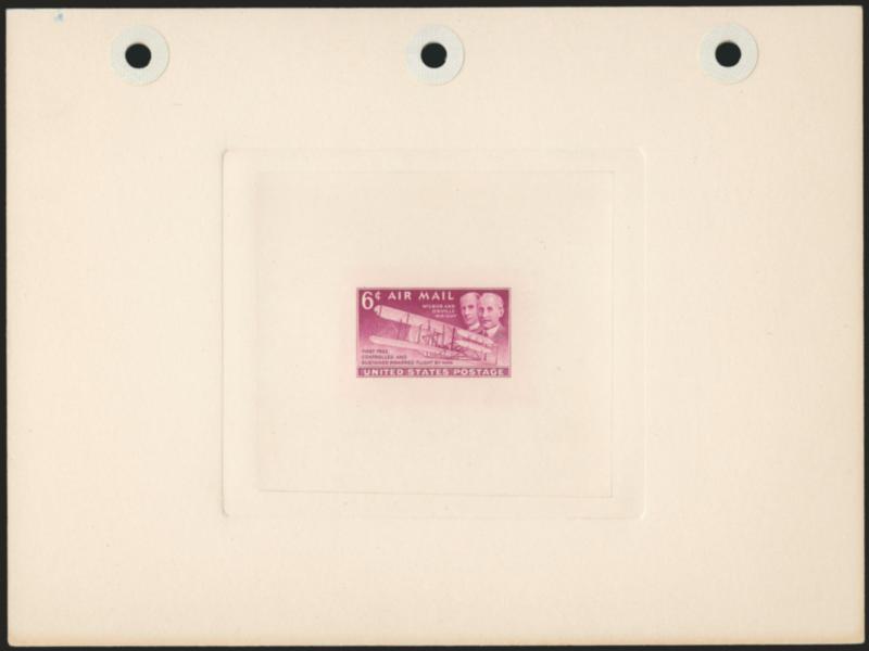 6c Wright Brothers, Large Die Proof (C45P1).> Die sunk on 203 x 152mm card with three holes punched at top, deep rich color, minor toning at bottom, blue control number and red Engravers Stock Proof handstamp on
back<><>^EXTREMELY FINE. THIS IS