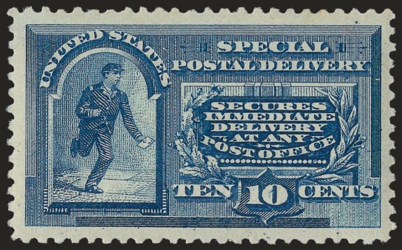 10c Blue, Special Delivery (E2).> Mint N.H., radiant color and crisp impression on post-office fresh paper, gorgeous centering with Jumbo margins, long and full perforations all around<><>^EXTREMELY FINE GEM. A
STUNNING MINT NEVER-HINGED EXAMPLE OF