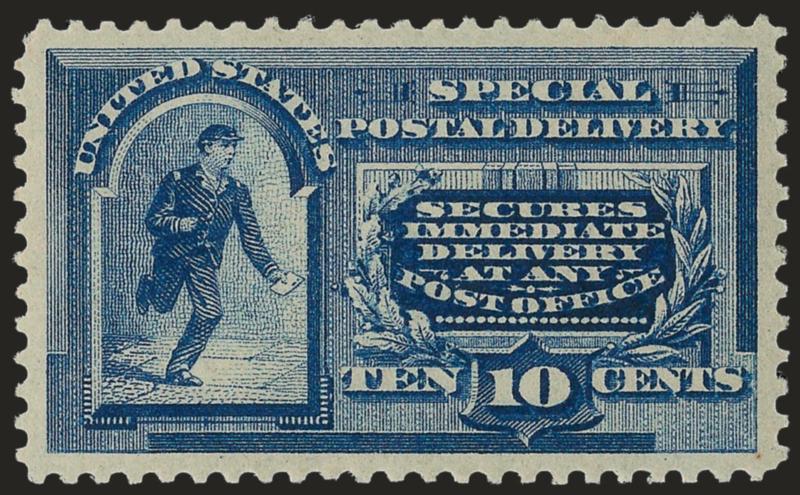 10c Blue, Special Delivery (E2).> Original gum, lightly hinged, bright shade and proof-like impression, perfectly centered with wide and balanced margins, long and full perforations<><>^EXTREMELY FINE. A
BEAUTIFUL ORIGINAL-GUM EXAMPLE OF THE 1888 1