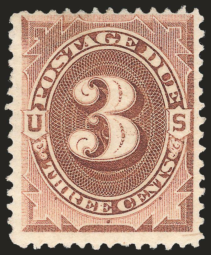 3c Deep Brown, Special Printing (J10).> Full original gum, hinge mark at top, beautiful color and sharp proof-like impression, small natural wood fiber inclusion in margin at bottom right<><>^FINE AND
EXCEEDINGLY RARE. THE 3-CENT IS POSSIBLY THE RA