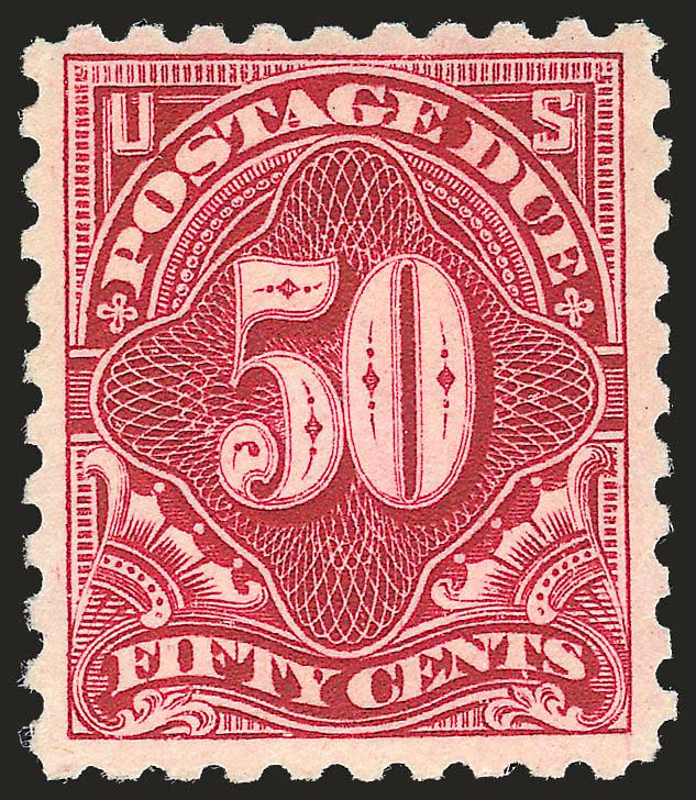 50c Carmine Lake (J58).> Mint N.H., brilliant color and detailed impression on post-office fresh paper, unusually choice centering for this difficult issue, long and full perforations all around<><>^VERY FINE
AND CHOICE. A STUNNING MINT NEVER-HINGE